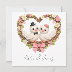 Cute Love Birds in Heart-Shaped Floral Wreath Holiday Card