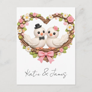 Cute Love Birds in Heart-Shaped Floral Wreath Postcard