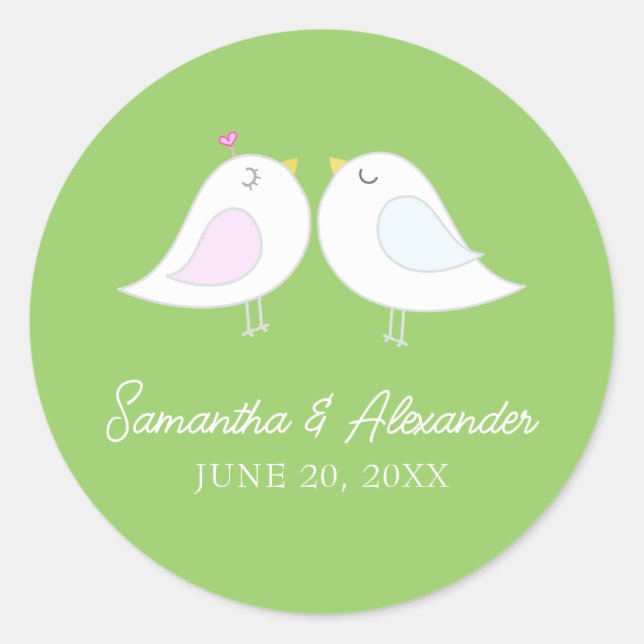 Cute Love Birds Lime Green Classic Round Sticker (Front)