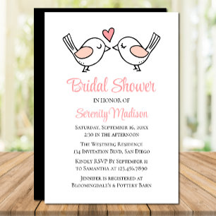 Cute Love Birds Lovebird Pink Black Bridal Shower  Invitation