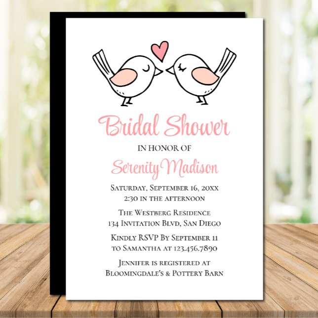 Cute Love Birds Lovebird Pink Black Bridal Shower  Invitation (Creator Uploaded)