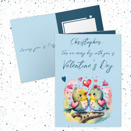 Cute love birds name blue Valentine's Day Card