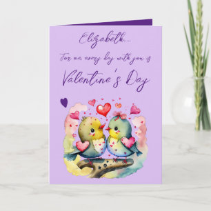 Cute love birds name purple Valentine's Day Card