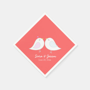 Cute Love Birds on Coral Background Napkin
