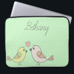 Cute Love Birds on Mint Green Polka Dot Laptop Sleeve<br><div class="desc">Adorable laptop sleeve with love bird illustration on a pastel green polka dot background. Option to personalise.</div>