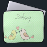 Cute Love Birds on Mint Green Polka Dot Laptop Sleeve<br><div class="desc">Adorable laptop sleeve with love bird illustration on a pastel green polka dot background. Option to personalise.</div>