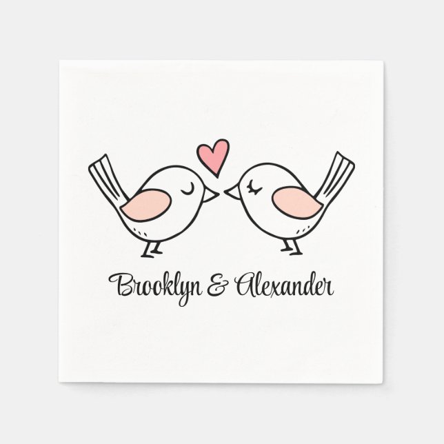 Cute Love Birds Pink Black Lovebird Wedding Napkin (Front)