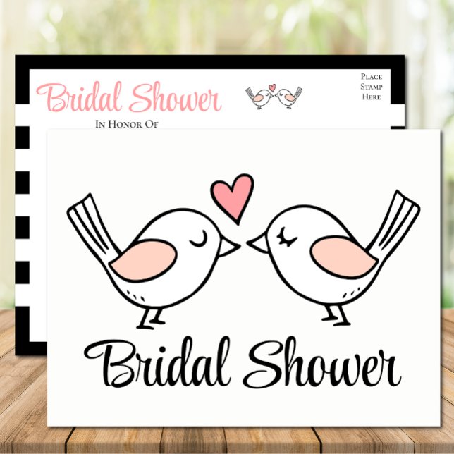 Cute Love Birds Pink Black Lovebirds Bridal Shower Invitation Postcard (Creator Uploaded)