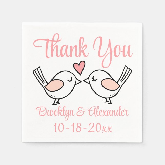 Cute Love Birds Pink Thank You Lovebirds Wedding Napkin (Front)