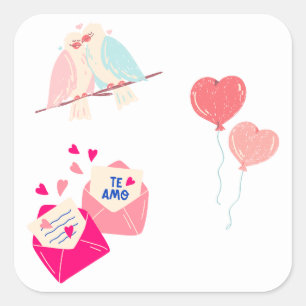 cute love birds & romantic letters square sticker