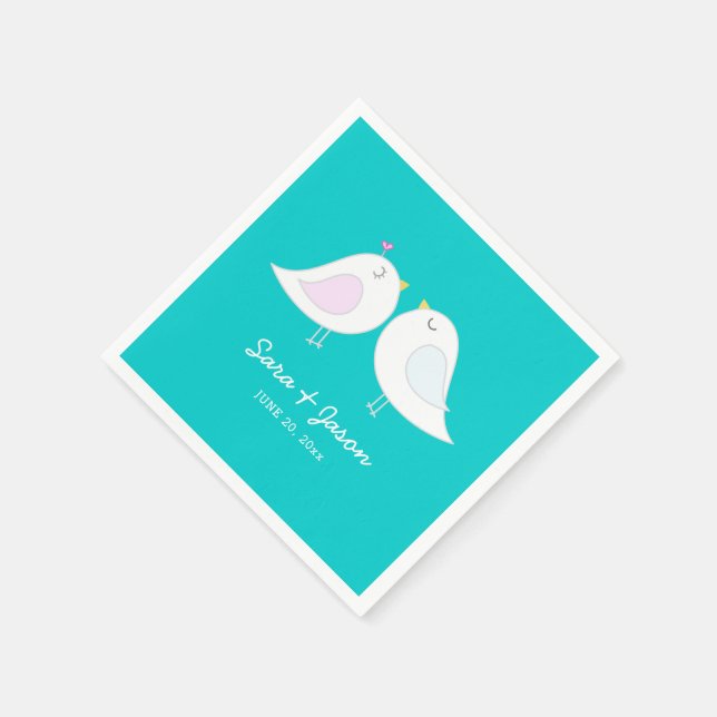 Cute Love Birds Teal Wedding Napkin (Corner)