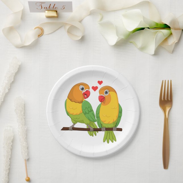 Cute Love Birds Yellow and Green Lovebirds Wedding Paper Plate (Wedding)