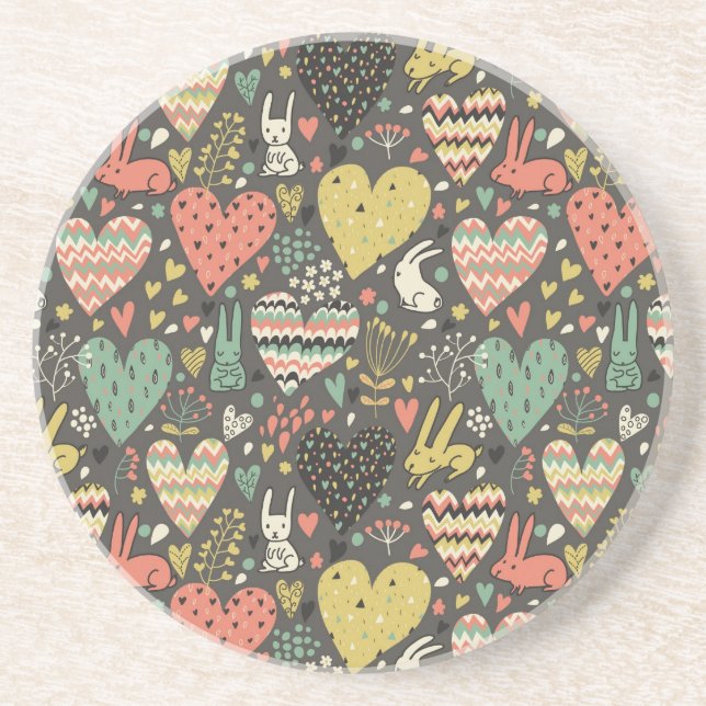 Cute love bunnies pattern with hearts coaster (Front)