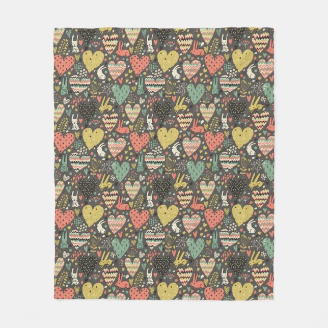 Cute love bunnies pattern with hearts fleece blanket (Front)