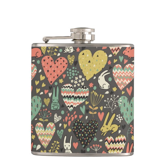 Cute love bunnies pattern with hearts hip flask (Front)