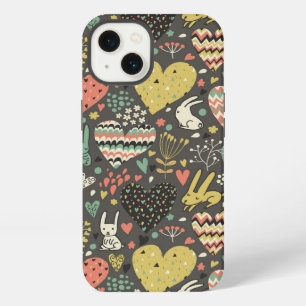 Cute love bunnies pattern with hearts iPhone 13 case