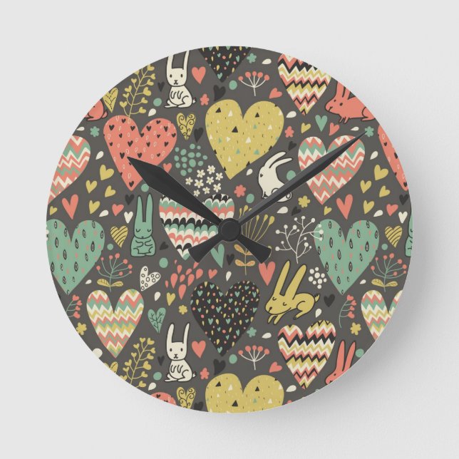Cute love bunnies pattern with hearts round clock (Front)