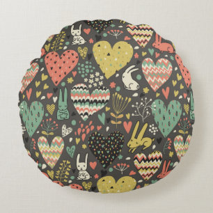 Cute love bunnies pattern with hearts round cushion