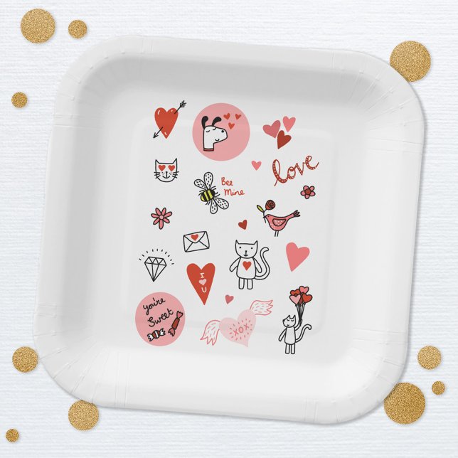 Cute Love Cartoon Paper Plate (Cute love themed paper party plates for Valentines Day, engagement, wedding and celebrations)