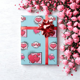 Cute love comic book style sky blue heart gifts wrapping paper