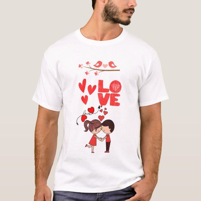 Cute Love Couple Illustration with Hearts T-Shirt (Front)