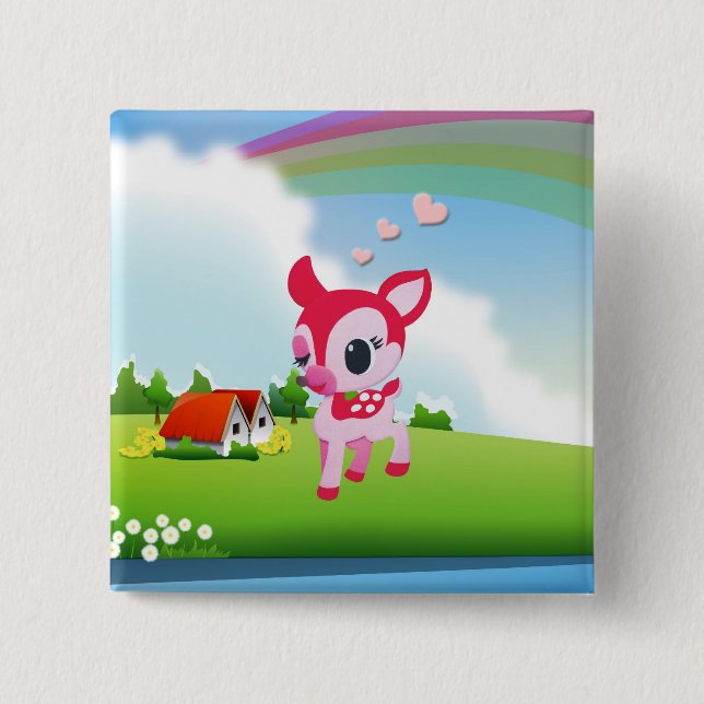 Cute Love Deer Fawn with Rainbow Country Scene 15 Cm Square Badge (Front)