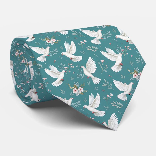Cute love doves flower pattern wedding tie (Rolled)