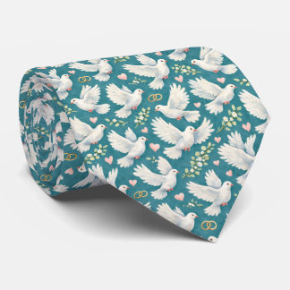 Cute love doves hearts rings tiled wedding tie