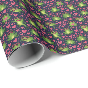 Cute Love Frogs & Pink Hearts Wrapping Paper Roll