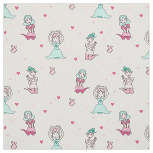 Cute Love Girls Pink Teal Whimsical Cartoon Fabric