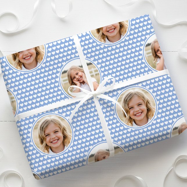 Cute Love Heart 2 Photo Pretty Cornflower Blue Wrapping Paper (Creator Uploaded)
