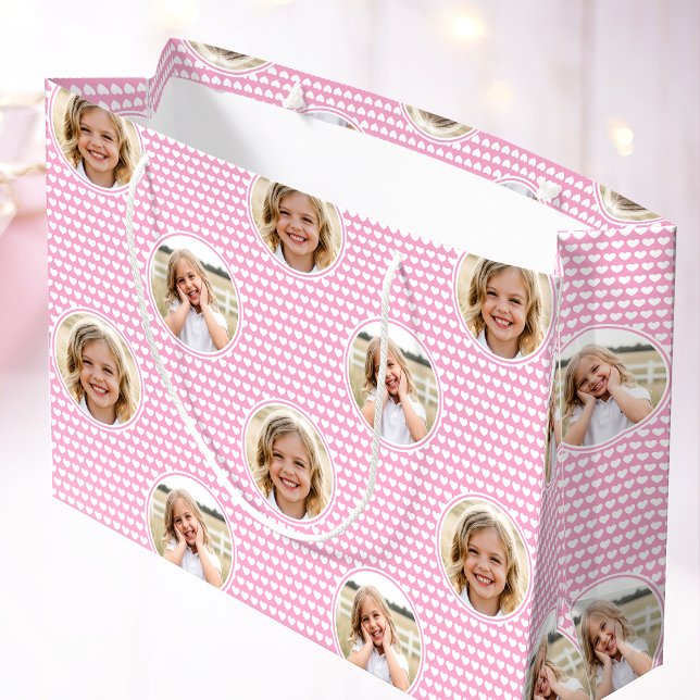Cute Love Heart 2 Photo Pretty Pink Pattern Large Gift Bag (Creator Uploaded)