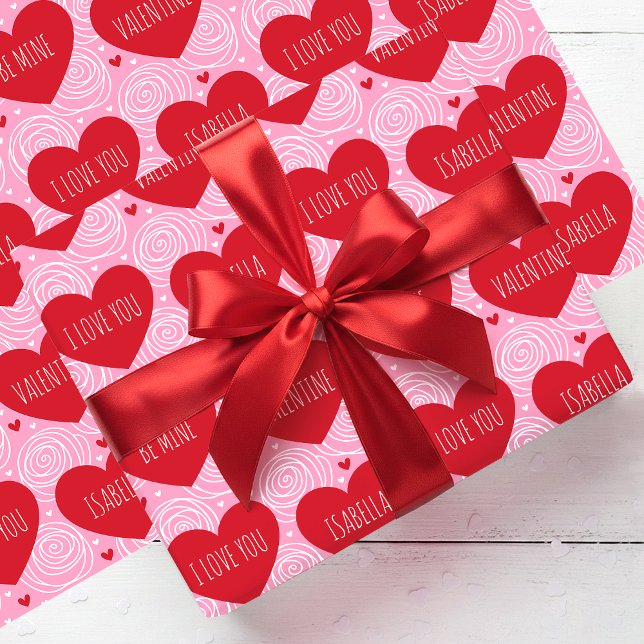 Cute Love Heart Custom Text Modern Valentine's Day Wrapping Paper (Creator Uploaded)