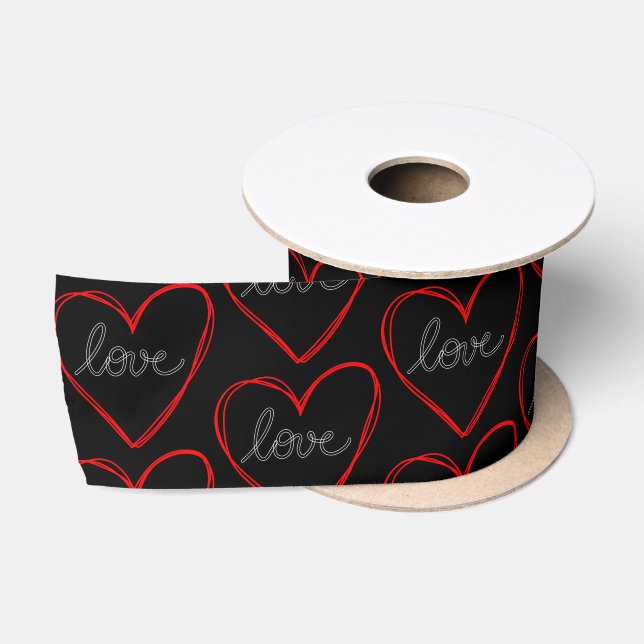Cute love heart pattern on black background satin ribbon (Spool)