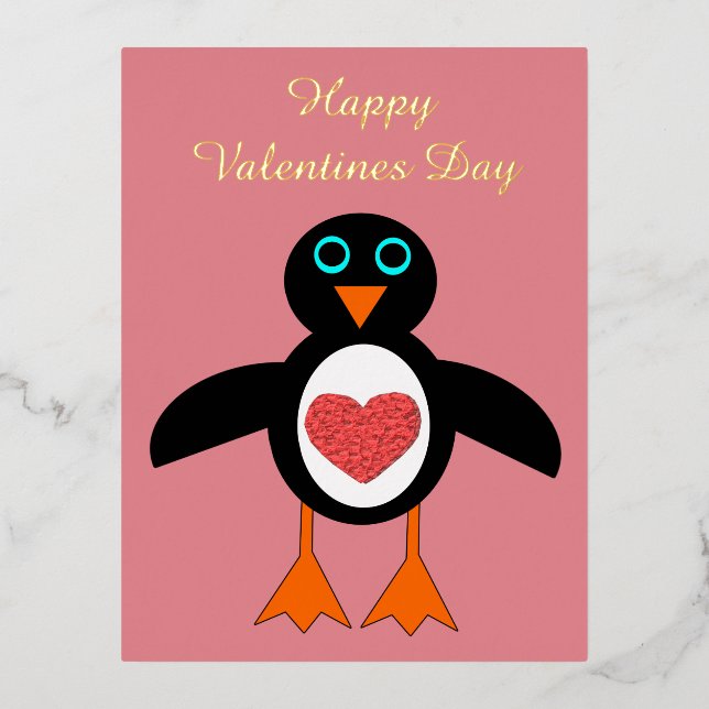Cute Love Heart Penguin Custom Valentines Day Foil Holiday Postcard (Front)
