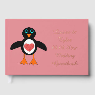 Cute Love Heart Penguin Custom Wedding Guest Book
