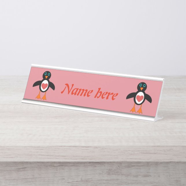 Cute Love Heart Penguin Desk Name Plate (Front)