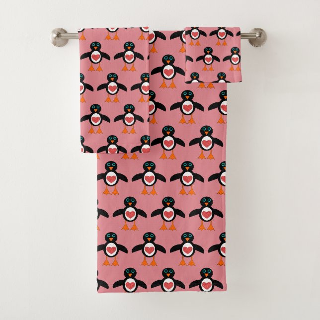 Cute Love Heart Penguin Patterned Towels (Insitu)