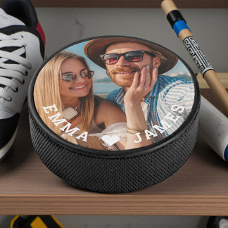 Cute Love Heart Photo Couples Personalised Names Hockey Puck