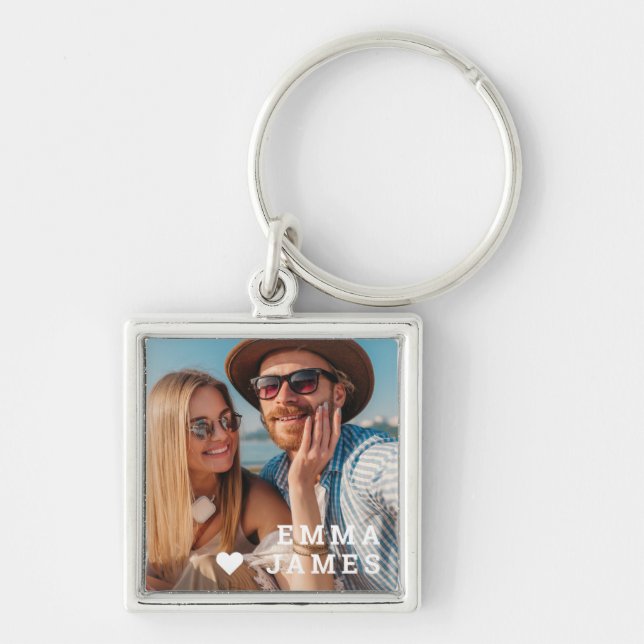 Cute Love Heart Photo Couples Personalized Names Key Ring (Front)