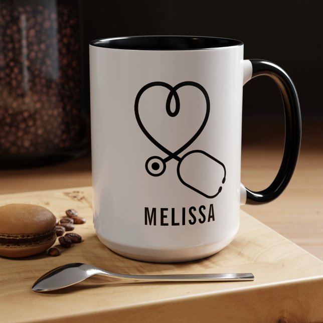 Cute Love Heart Stethoscope Personalised Name Mug (Cute Love Heart Stethoscope Personalized Name Mug)