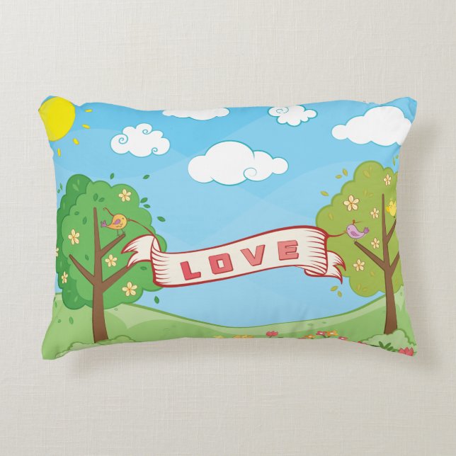 Cute Love Kindness Trees Flowers Birds Kid's Name Decorative Cushion (Front)