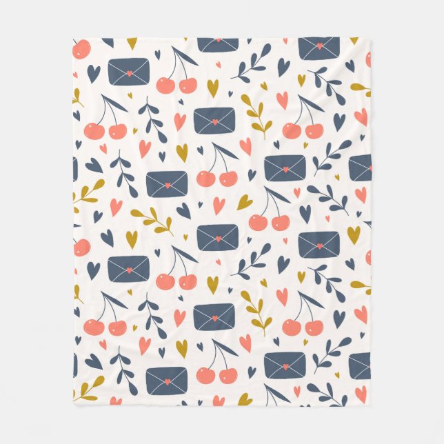 Cute Love Letters and Cherries Pattern Cosy Fleece Blanket (Front)