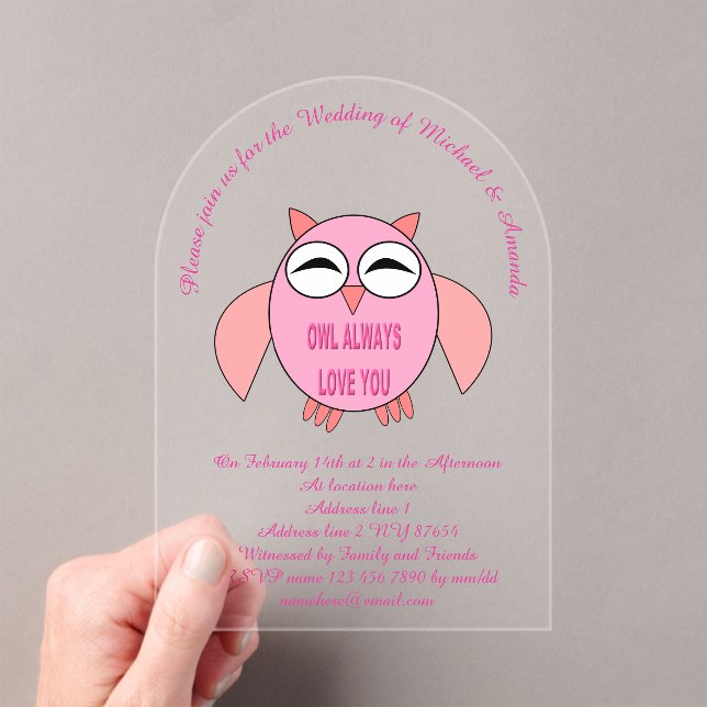 Cute Love Message Owl Custom Wedding Acrylic Invitations (Insitu (Handheld))