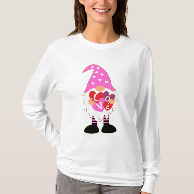 Cute LOVE Pink Heart Valentine Gnome T-Shirt (Front)