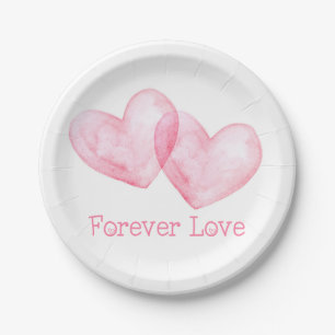 Cute Love Pink Watercolor Hearts Wedding Paper Plate