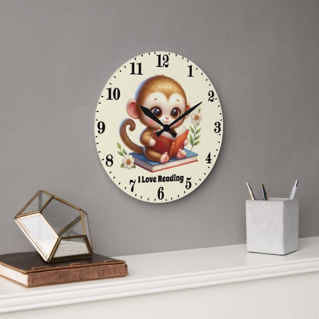 Cute love reading monkey add text large clock (Office)