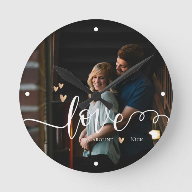 Cute LOVE Script Name Heart Photo Round Clock (Front)