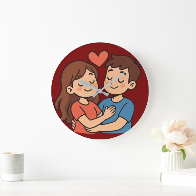  Cute Love Sticker | Cartoon Couple in Love Large Clock (Home)