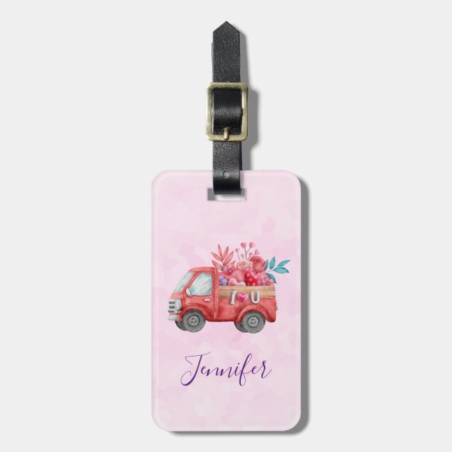 Cute Love Truck Carrying Hearts & Flowers Luggage Tag (Front Vertical)